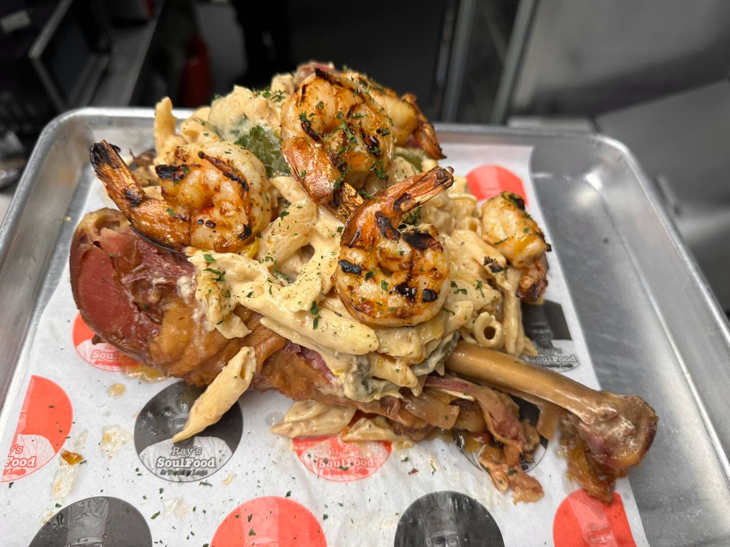 Cajun pasta topped with grilled shrimp